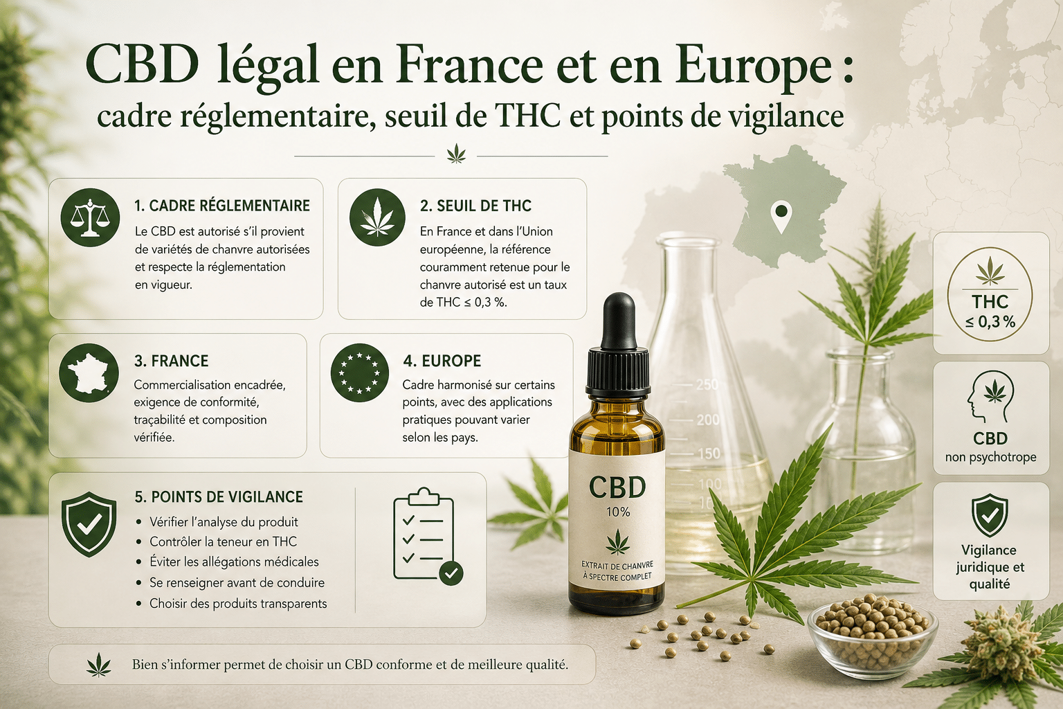 CBD is legaal in Frankrijk en Europa, inclusief de THC-drempel van 0,30%, het decreet van 30 december 2021, het Hof van Justitie van de EU, de Raad van State, de nieuwe voedingsmiddelenwetgeving en de bijbehorende voorzorgsmaatregelen.