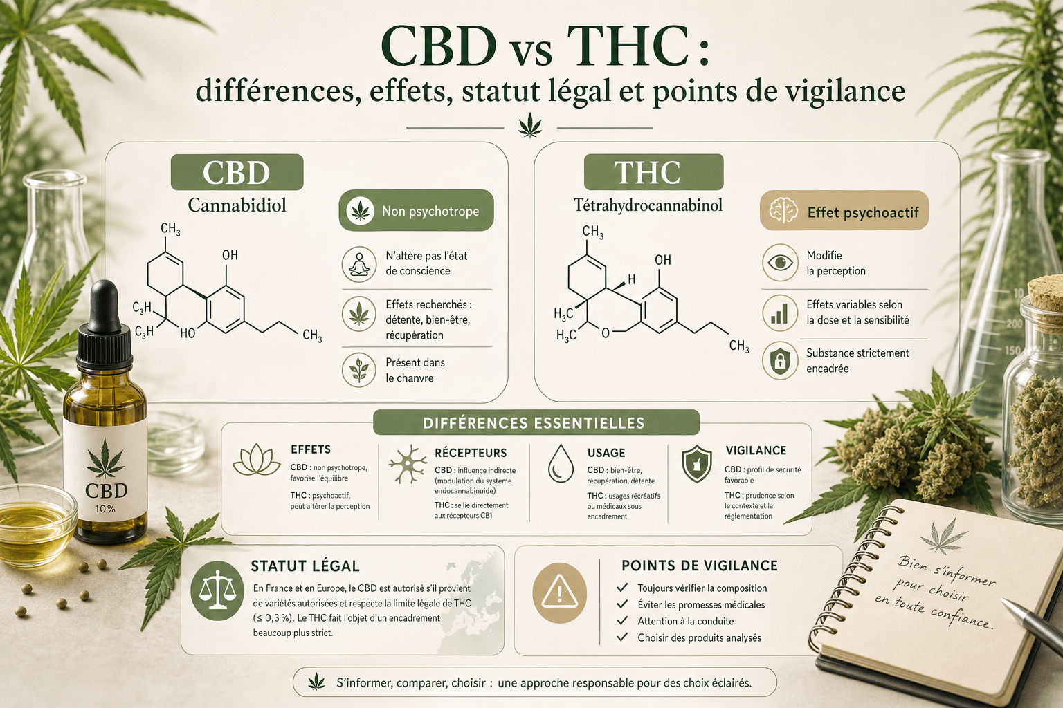 CBD versus THC: inzicht in de verschillen tussen cannabidiol en THC, hun effecten, hun wettelijke status, de drempel van 0,30%, de risico's van detectie en testen.