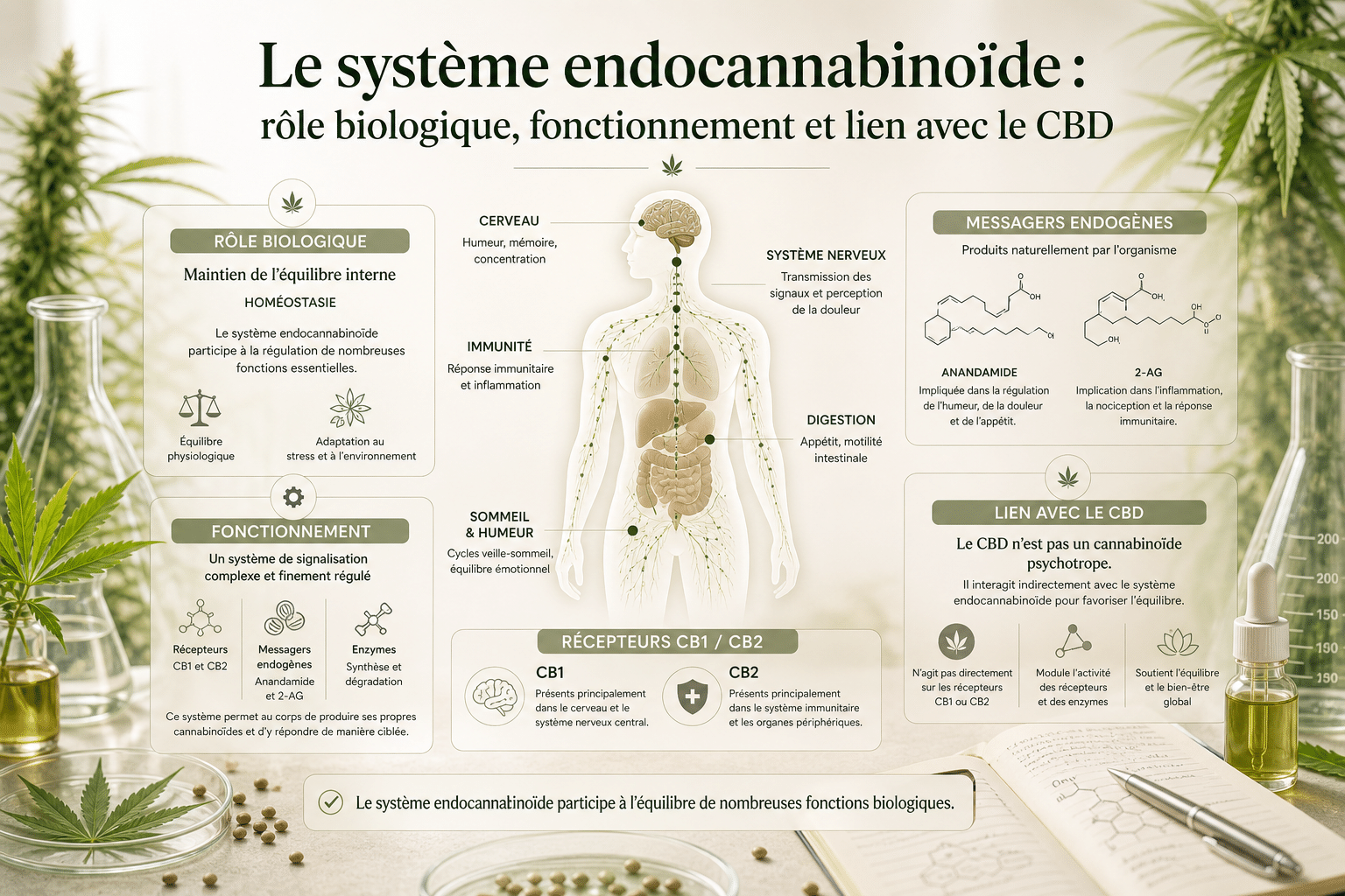 Inzicht in het endocannabinoïdesysteem: CB1- en CB2-receptoren, endocannabinoïden, biologische rol, verband met CBD, verschillen met THC en voorzorgsmaatregelen.