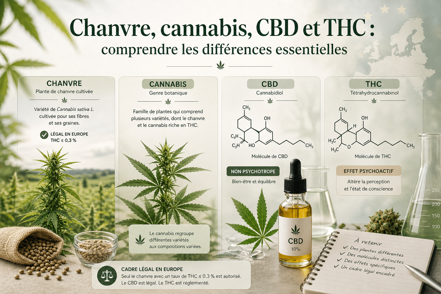 Die Unterschiede zwischen Hanf, Cannabis, CBD und THC verstehen: Definitionen, Wirkungen, rechtlicher Rahmen in Frankreich, THC-Grenzwert, Sicherheit und Analysen.