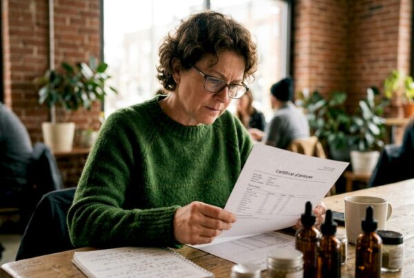 Une femme examine attentivement un certificat d’analyse de CBD assise à son bureau.