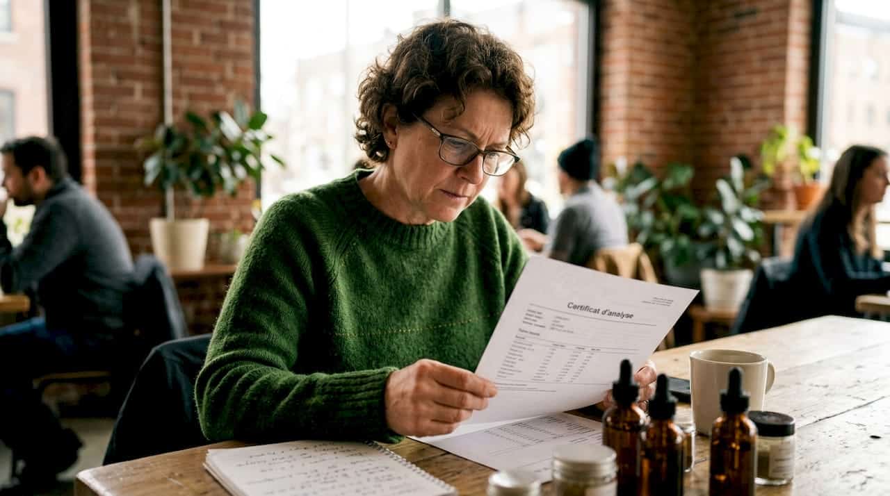 Een vrouw bestudeert aandachtig een CBD-analysecertificaat terwijl ze aan haar bureau zit.