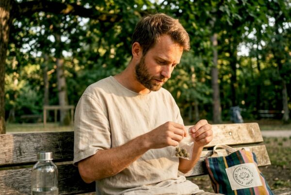 Un homme assis à une table examine un sachet de fleurs de CBD.