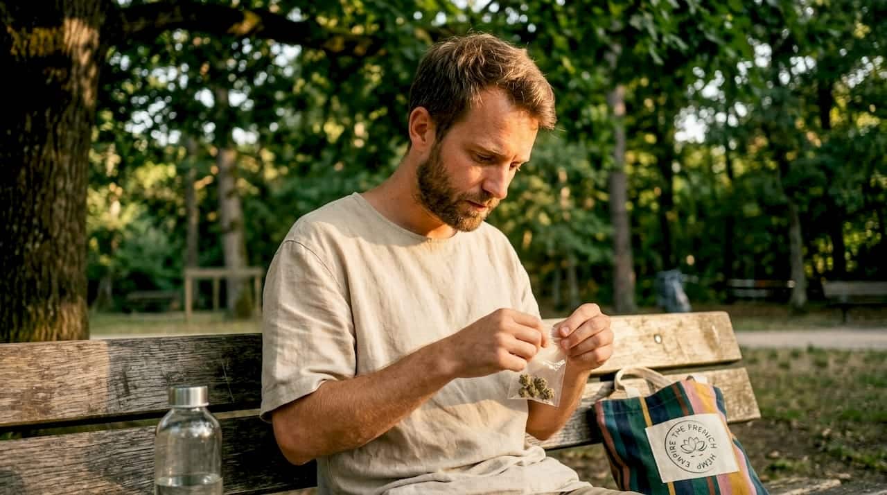 Un homme assis à une table examine un sachet de fleurs de CBD.