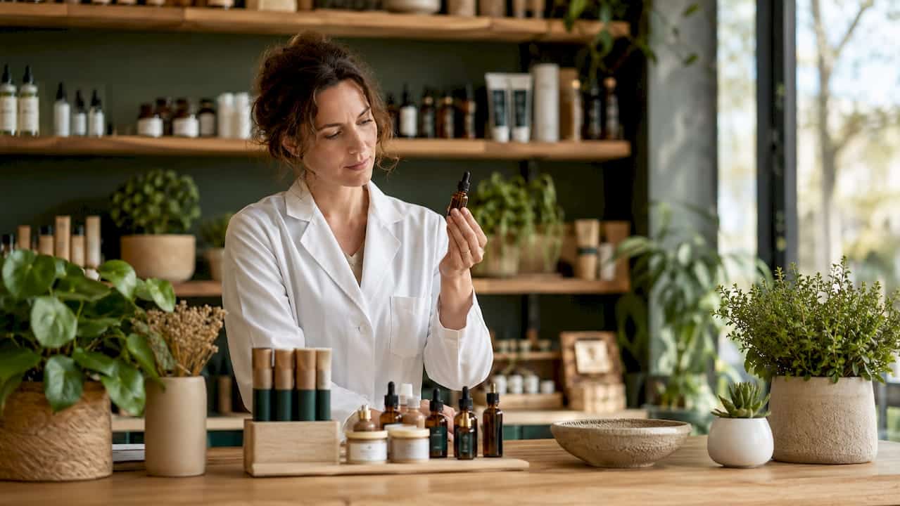 Un pharmacien examine attentivement un flacon d'huile de CBD hautement concentrée.