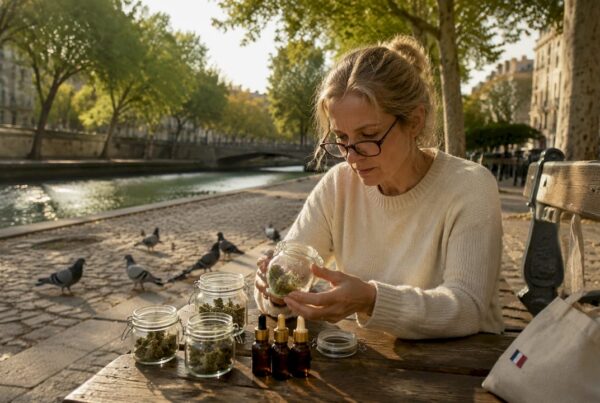 Assise à sa table de cuisine, une femme se renseigne sur les produits à base de CBD.