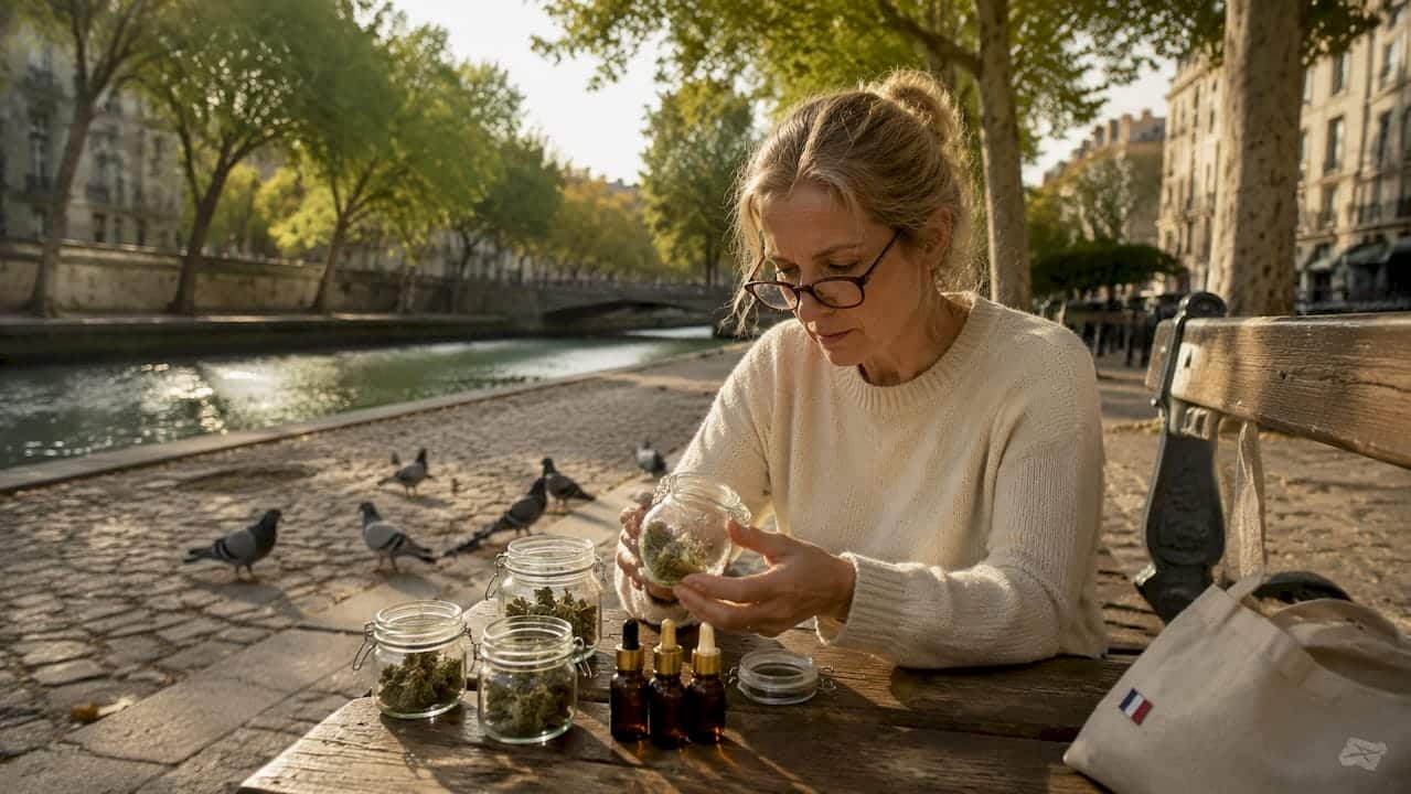 Assise à sa table de cuisine, une femme se renseigne sur les produits à base de CBD.