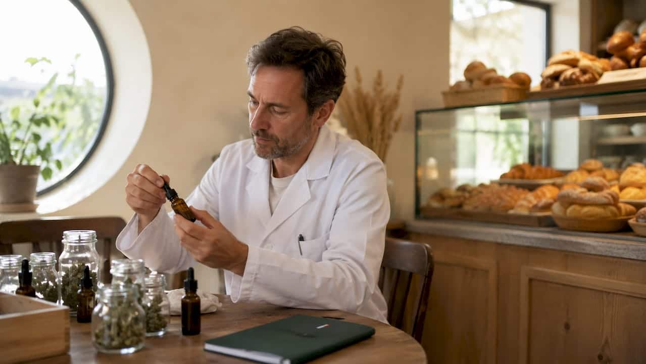 Un pharmacien en train d’analyser un flacon d’huile de CBD