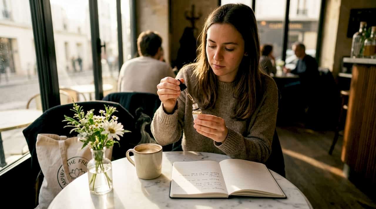 Une jeune femme en train de fabriquer son propre huile de CBD chez elle.