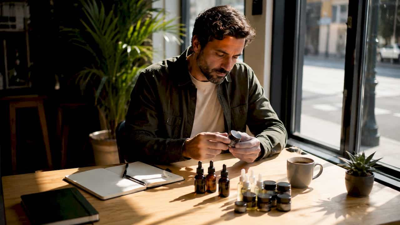 Assis à sa table, un homme compare tranquillement différentes huiles de CBD avant de faire son choix.