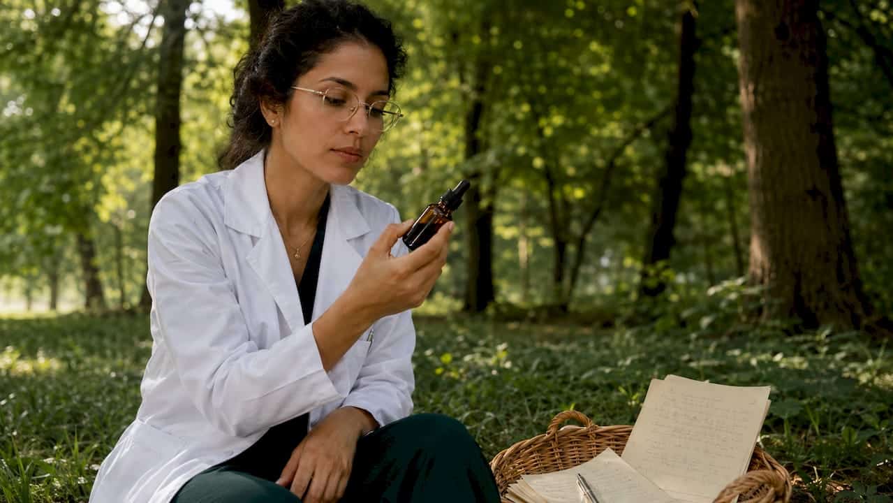 Une pharmacienne en train d’analyser des flacons à base de cannabinoïdes