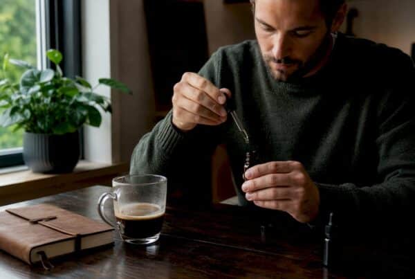 Un homme prépare une dose d’huile de CBD à forte concentration.