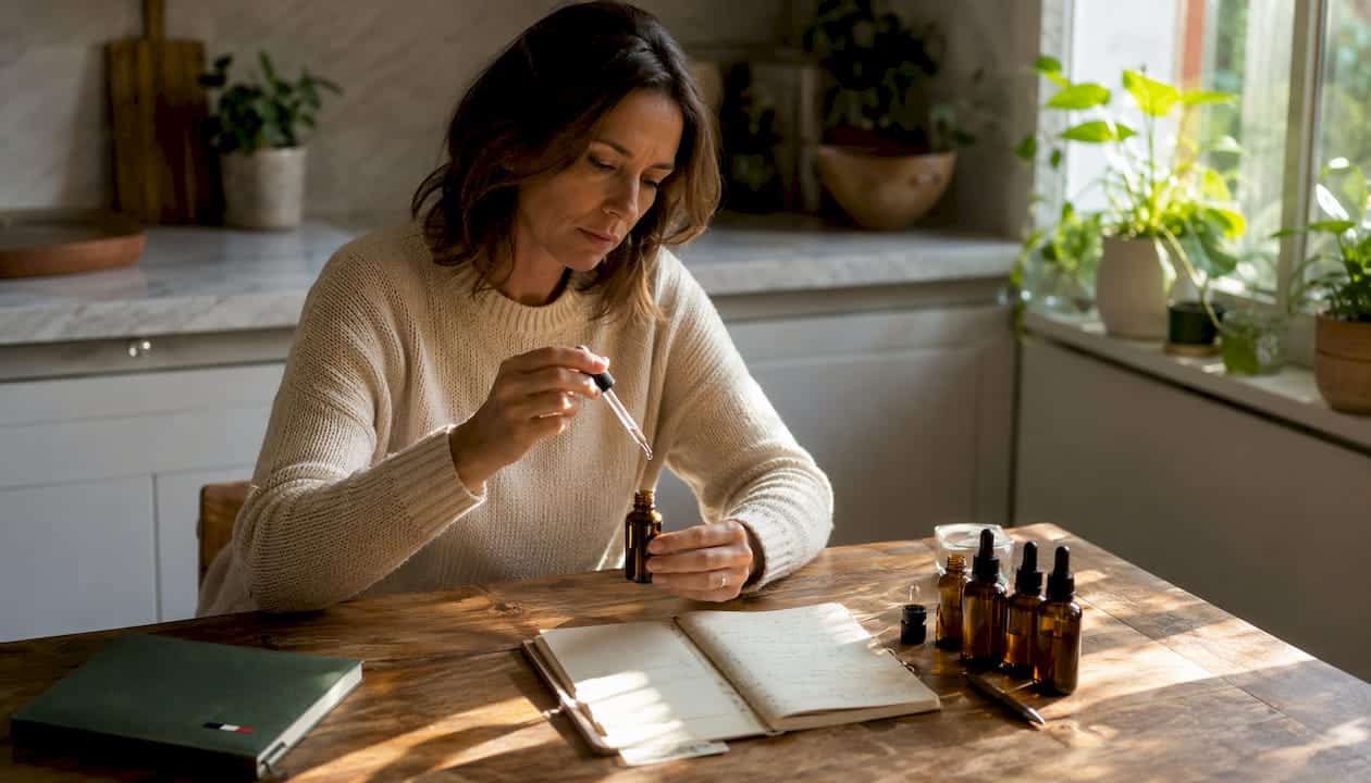 Une femme en train de doser soigneusement une huile de CBD à forte concentration
