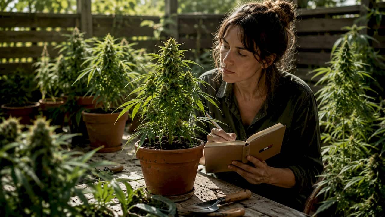 Un botaniste examine différentes variétés de plantes de CBD au cœur d’une serre, attentif à leur développement et à leurs particularités.