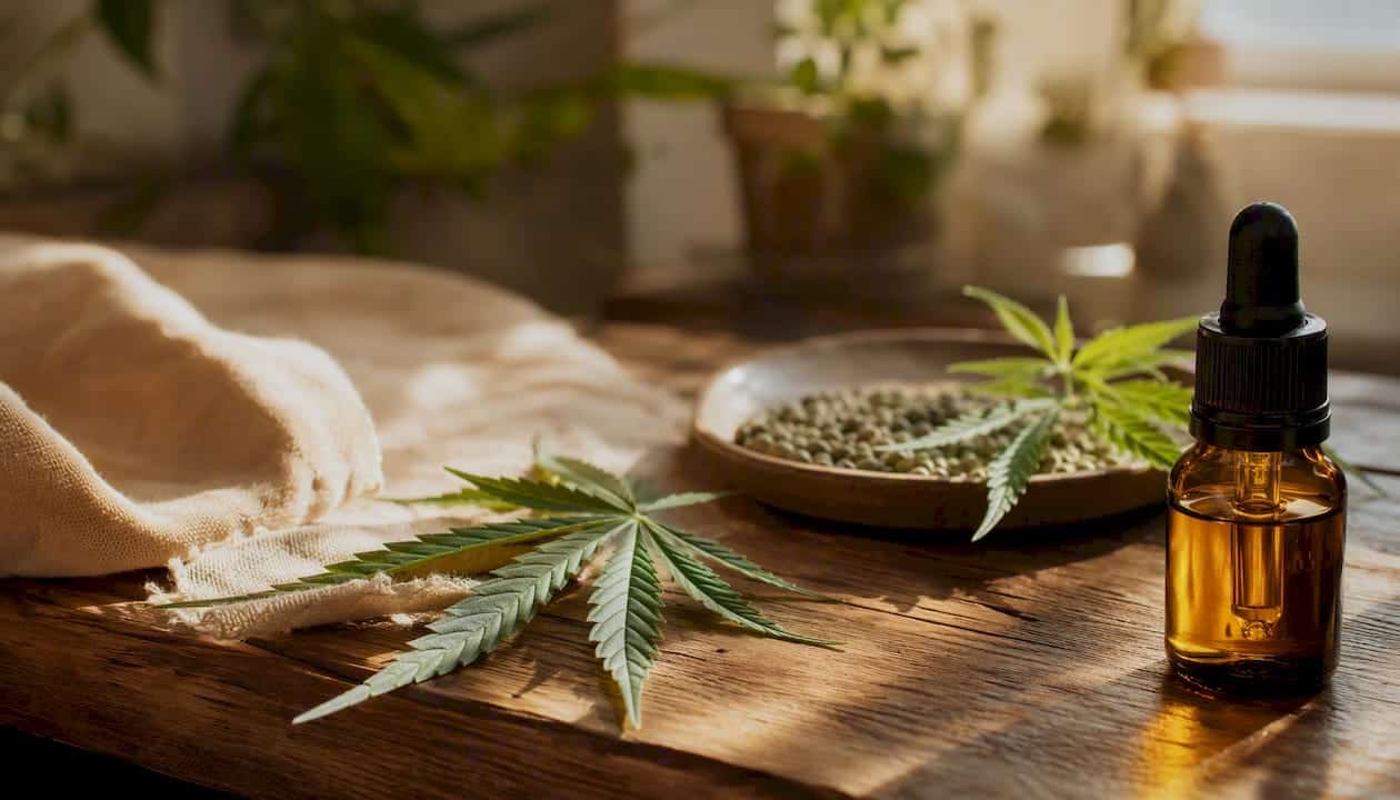 Vue en gros plan sur une fiole d’huile de CBD accompagnée de feuilles de chanvre