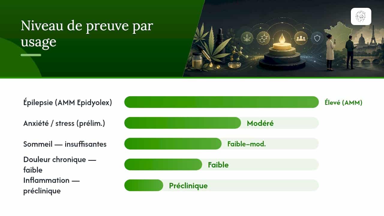Schéma des différentes applications du CBD et du niveau de validation scientifique associé à chacune