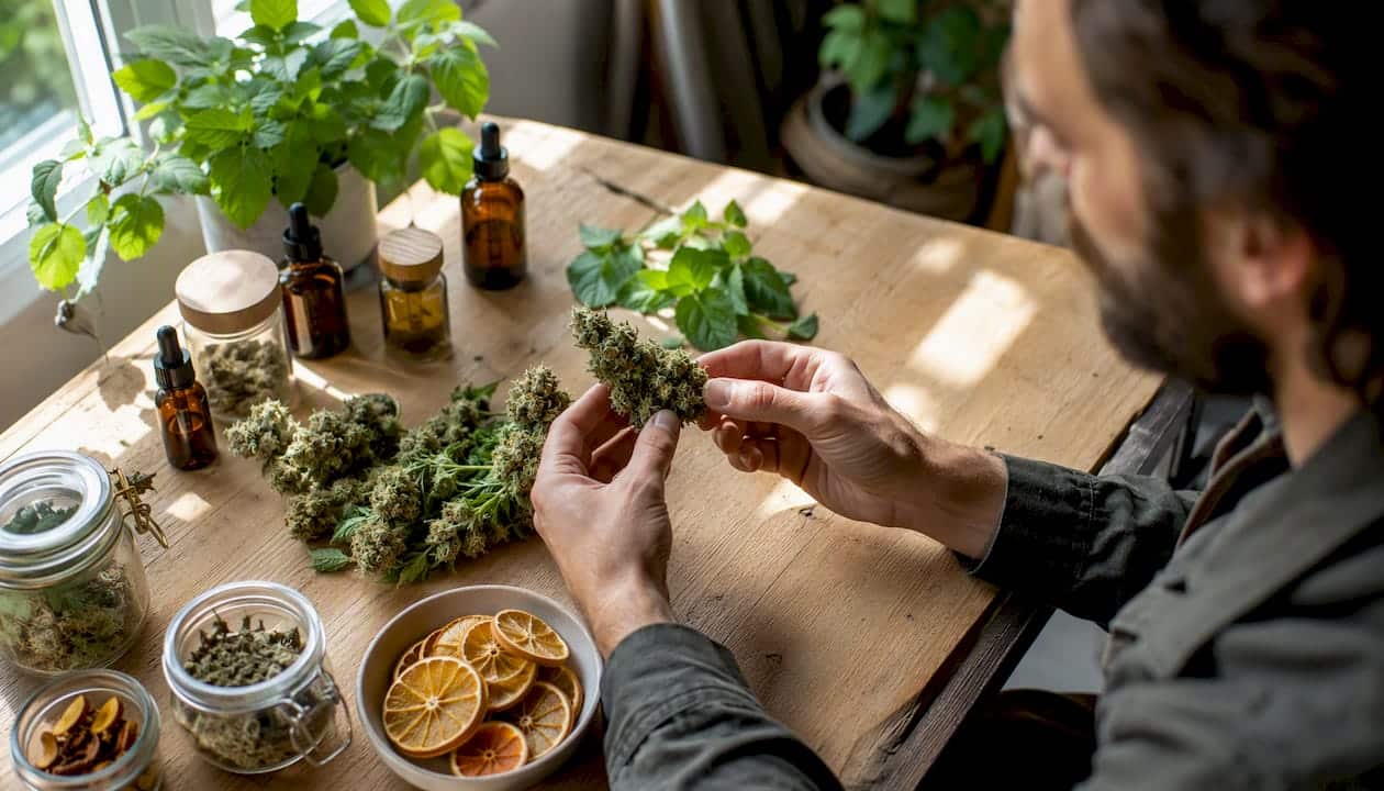Des mains examinent de près des fleurs de chanvre.