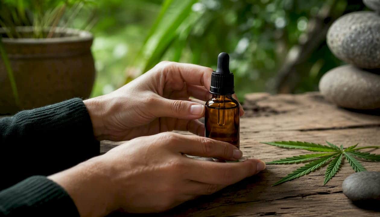 Hands are taking a picture of the label of a CBD product