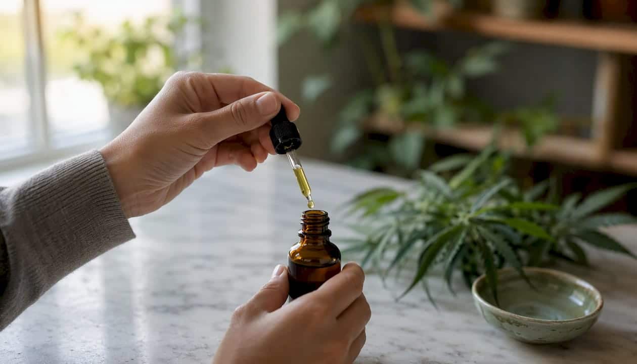 Des mains tiennent délicatement une pipette et un flacon d’huile de CBD.