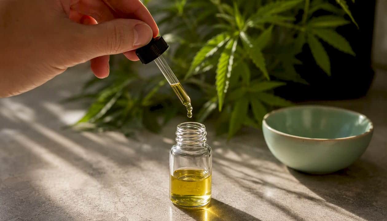 Gros plan sur une goutte d'huile de cannabinoïdes légaux en train de couler