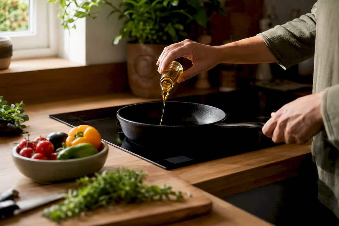 Mains versant de l'huile de CBD dans une poêle en cuisine