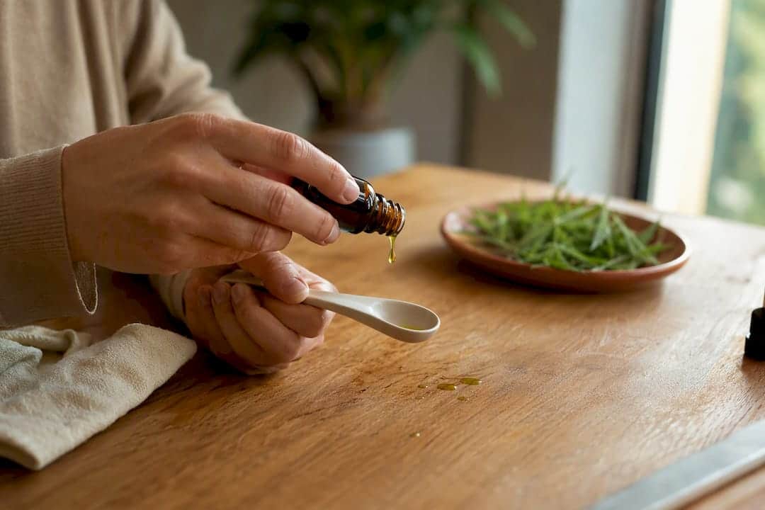 Mains versant des gouttes d'huile de CBD sur une cuillère