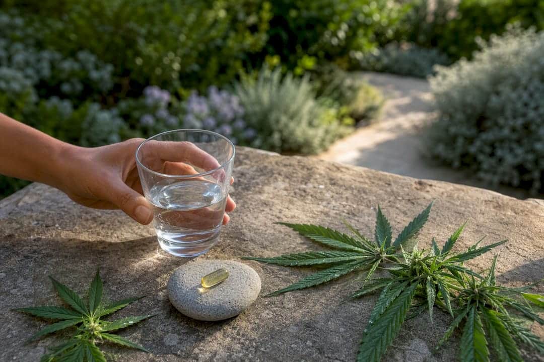 Capsule de CBD et verre d'eau sur une pierre