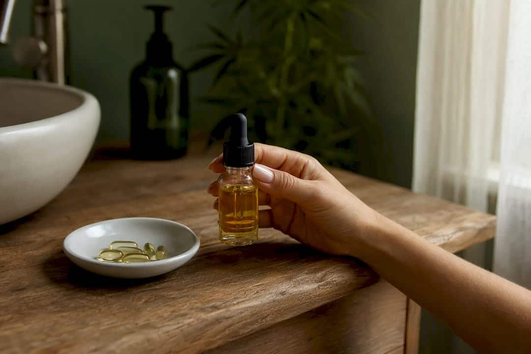 Goutte à goutte d'huile de CBD et capsules en gros plan