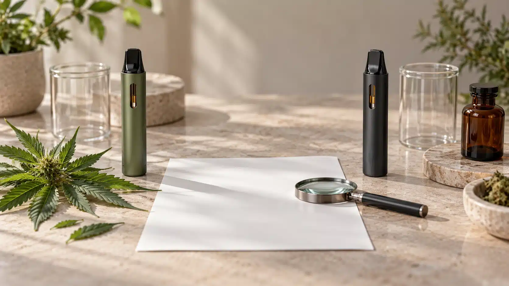 10-OH-HHC ou CBD : quelle vape choisir ? 1 Deux vapes sans marque posées de part et d’autre d’une feuille vierge et d’une loupe, avec du chanvre et un flacon ambré