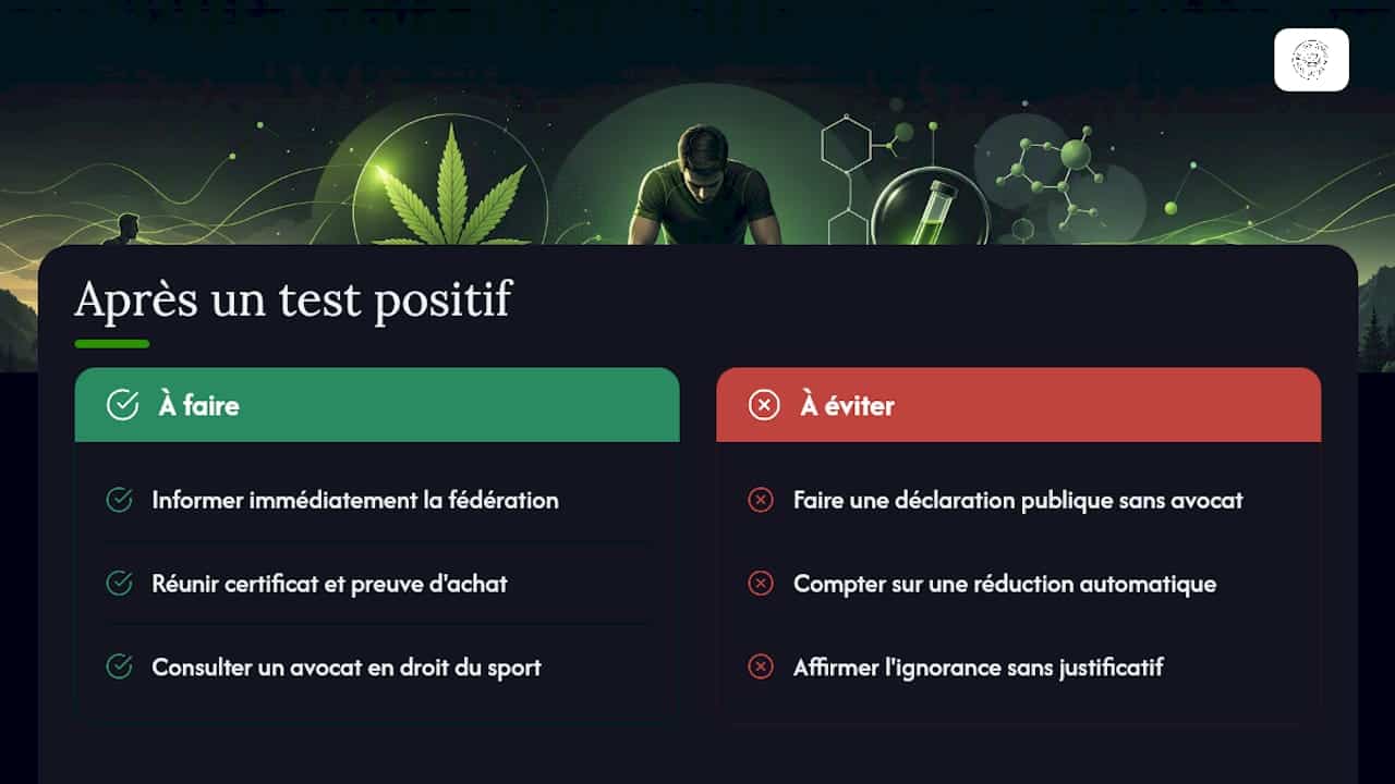 Sanctions encourues et stratégie de défense après un résultat positif — overview diagram