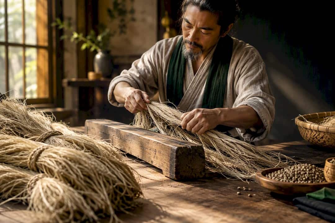 Fibres de chanvre travaillées dans un atelier traditionnel
