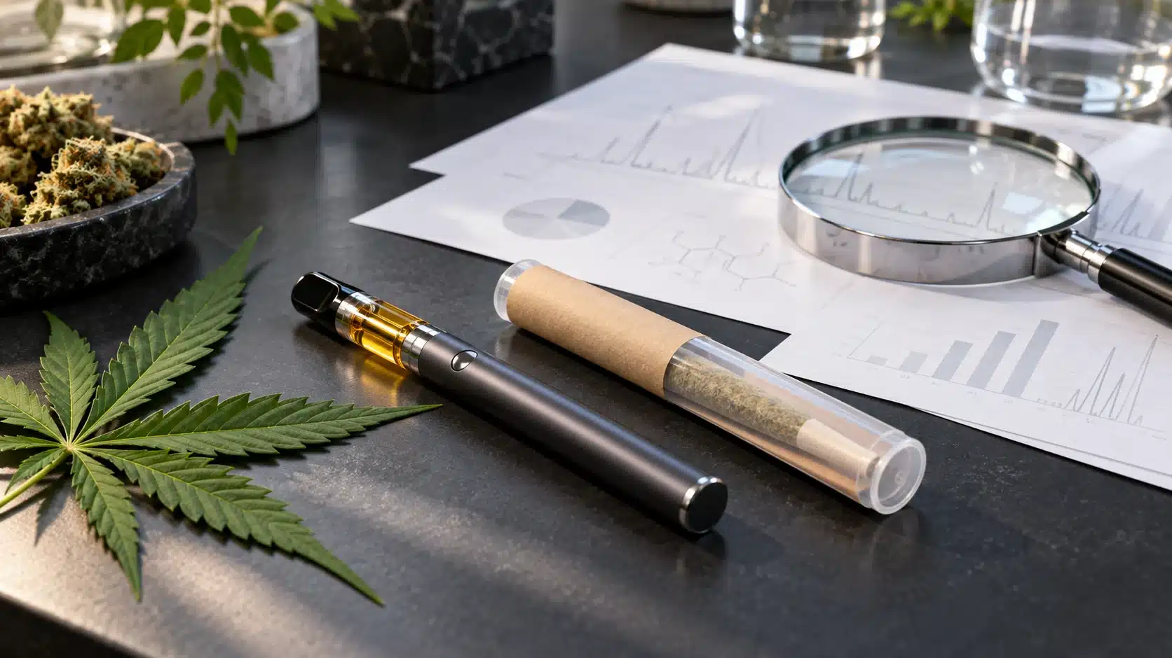 Vape et pré-roll de chanvre non utilisés posés près de feuilles d’analyse et d’une loupe pour illustrer la vérification du THCA et du THC total.