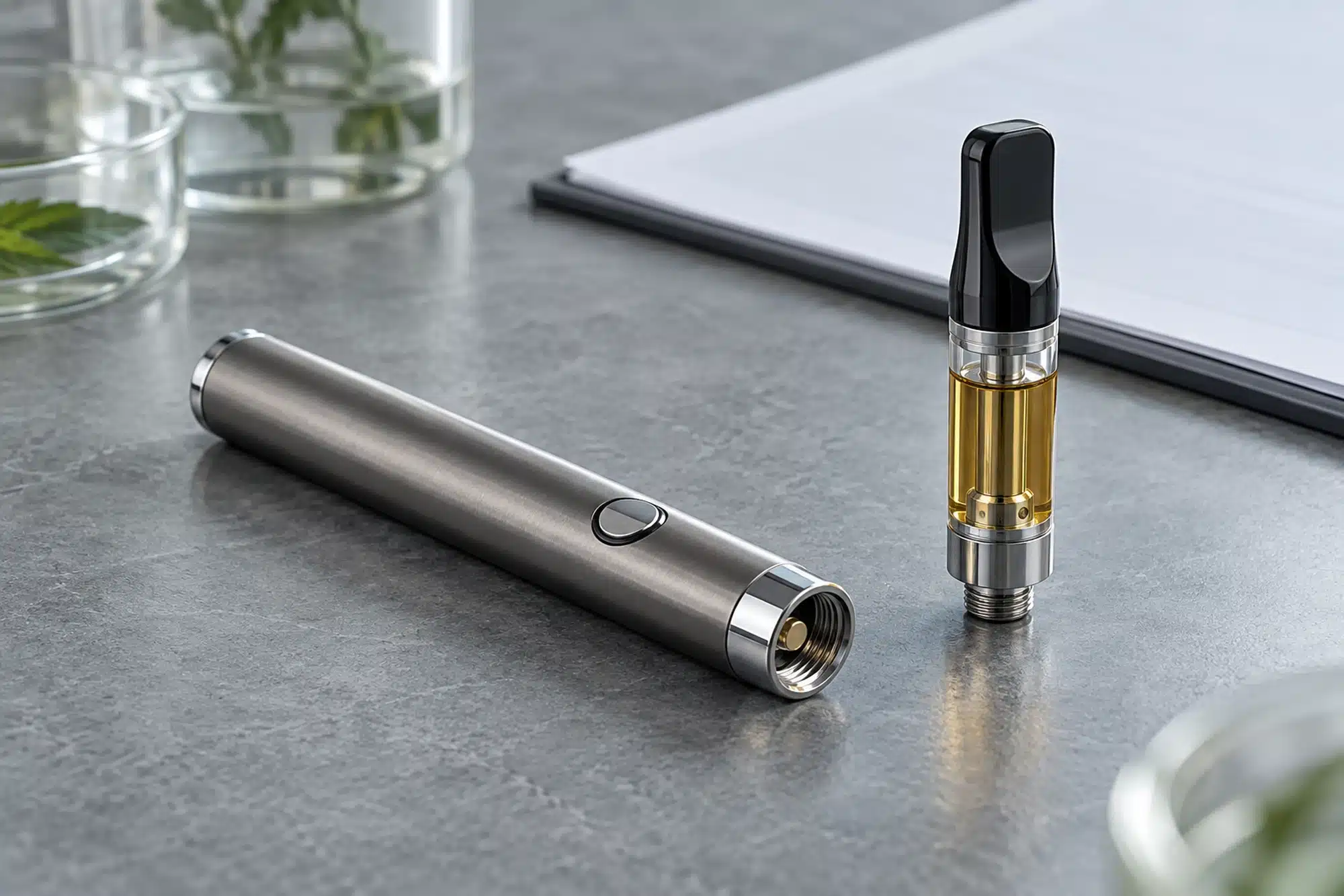 Cartouche de vapotage 510 et batterie séparées sur une table grise