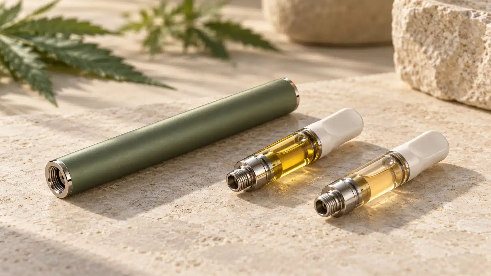 Batterie de vape rechargeable à filetage 510 posée à côté de deux cartouches CBD préremplies.