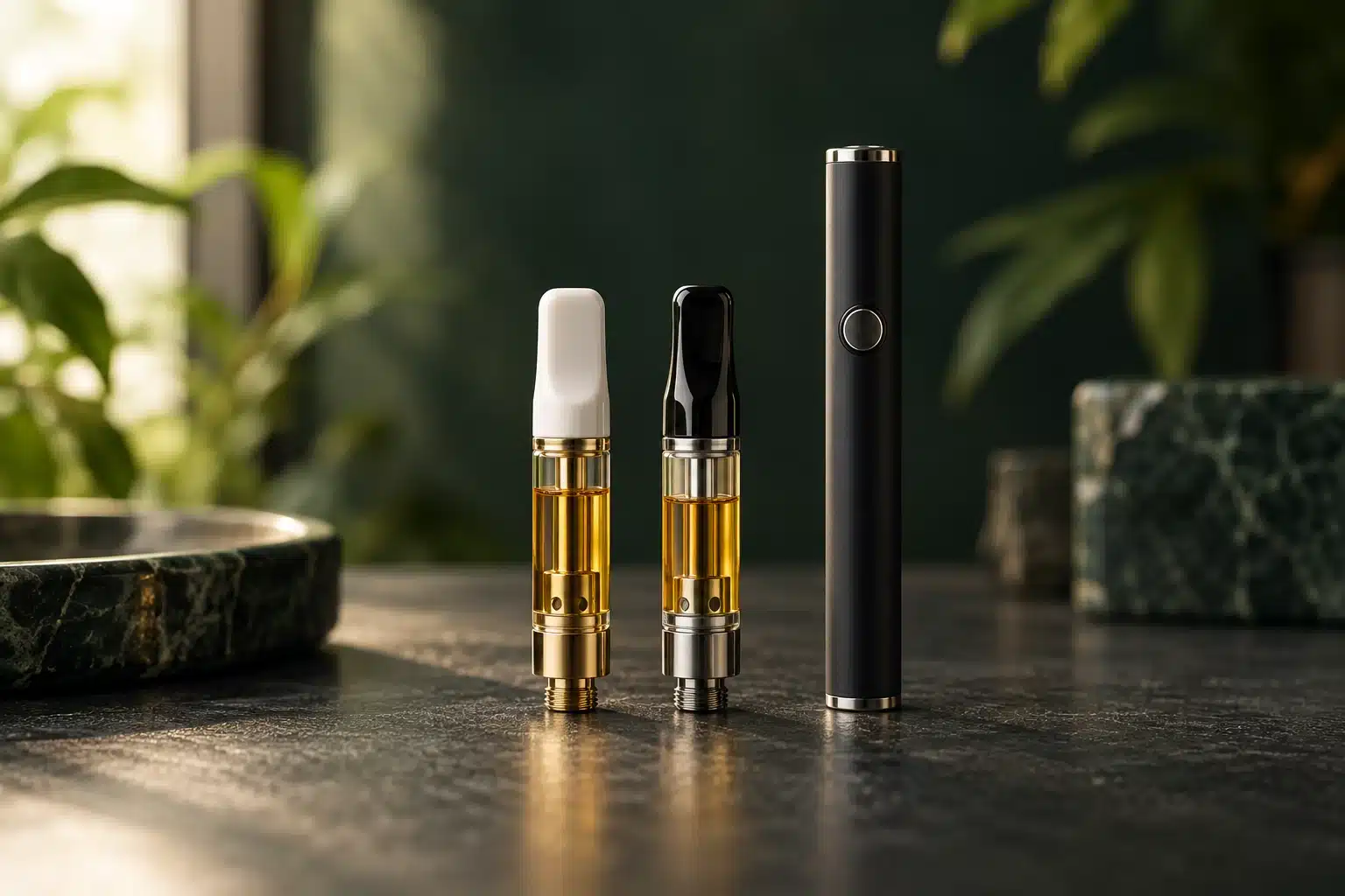 Deux cartouches de vape au filetage 510 remplies de liquide ambré, placées à côté d’une batterie noire rechargeable sur un fond sombre.