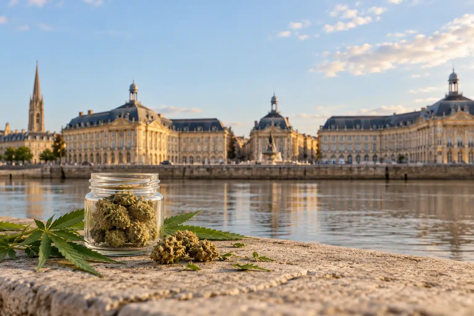 CBD Bordeaux : fleurs, prix et livraison en Gironde 1 Bocal de fleurs de chanvre devant la place de la Bourse et la Garonne à Bordeaux.