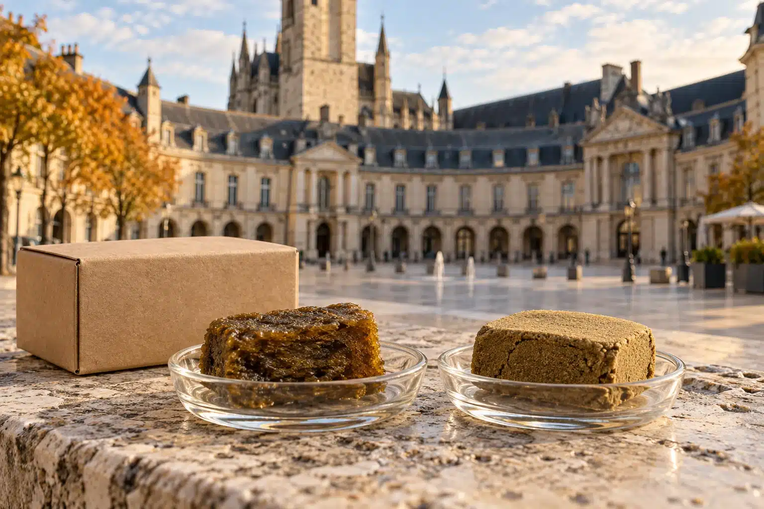 CBD Dijon : guide essentiel des résines et de la livraison 1 CBD Dijon : deux résines de chanvre et un colis devant le palais des ducs