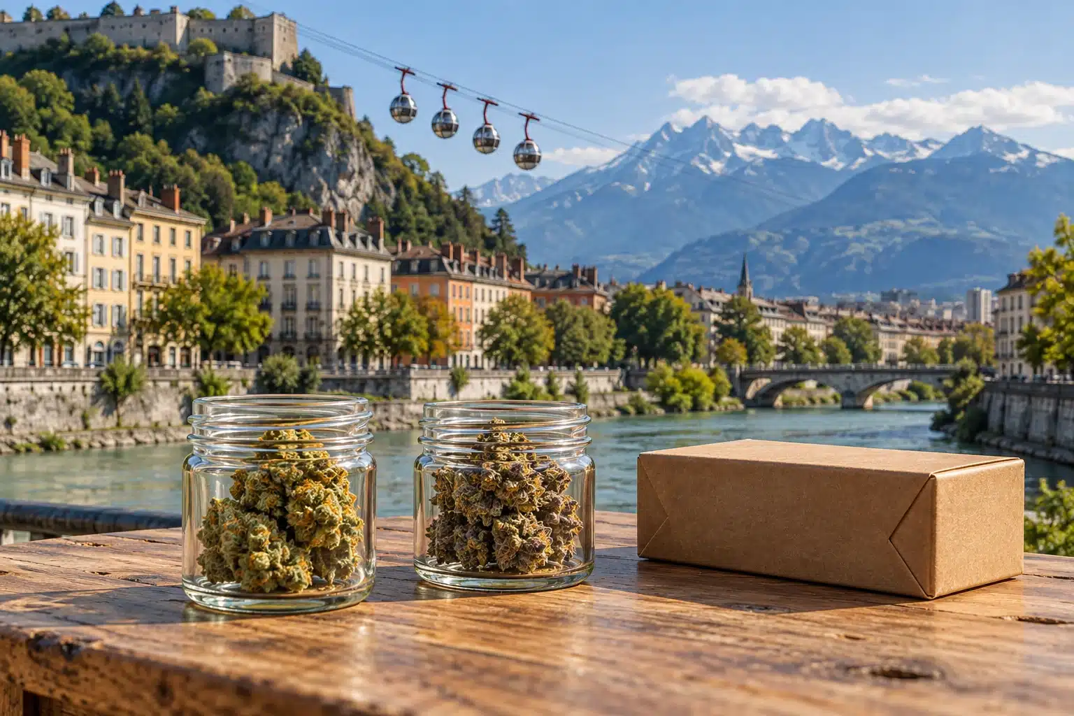 CBD Grenoble : deux bocaux de fleurs CBD près du téléphérique de la Bastille