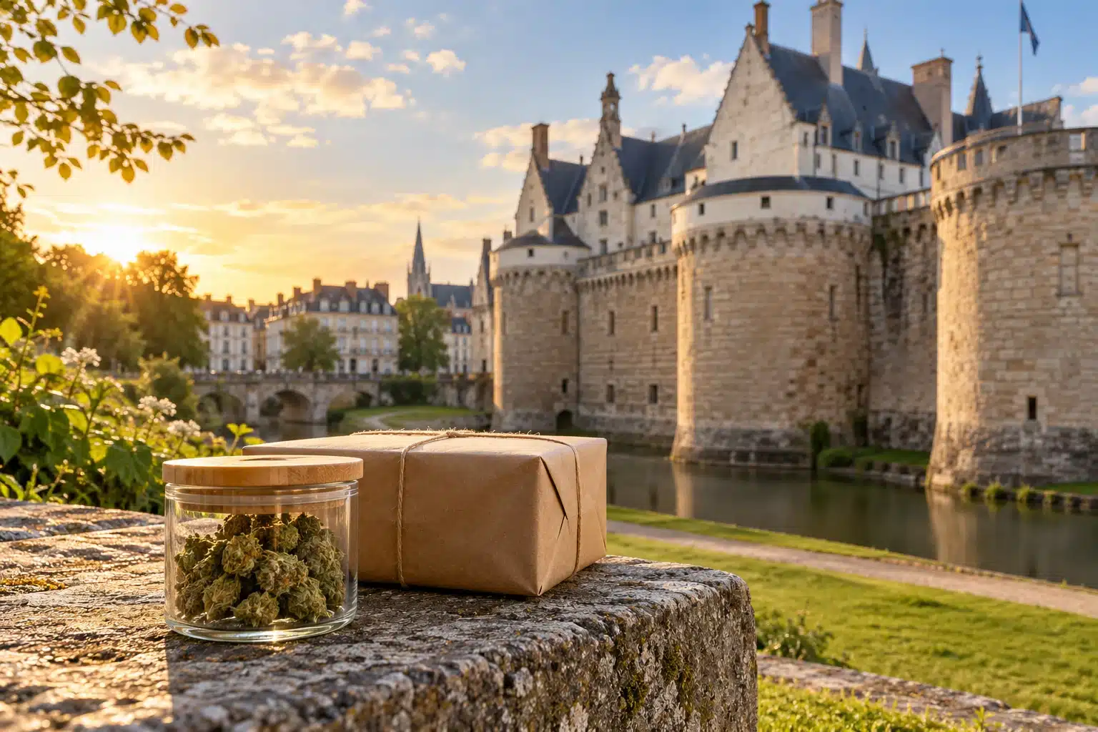 CBD Nantes : 7 conseils essentiels pour commander vos fleurs 1 CBD Nantes : colis et fleurs de chanvre devant le château des ducs de Bretagne.