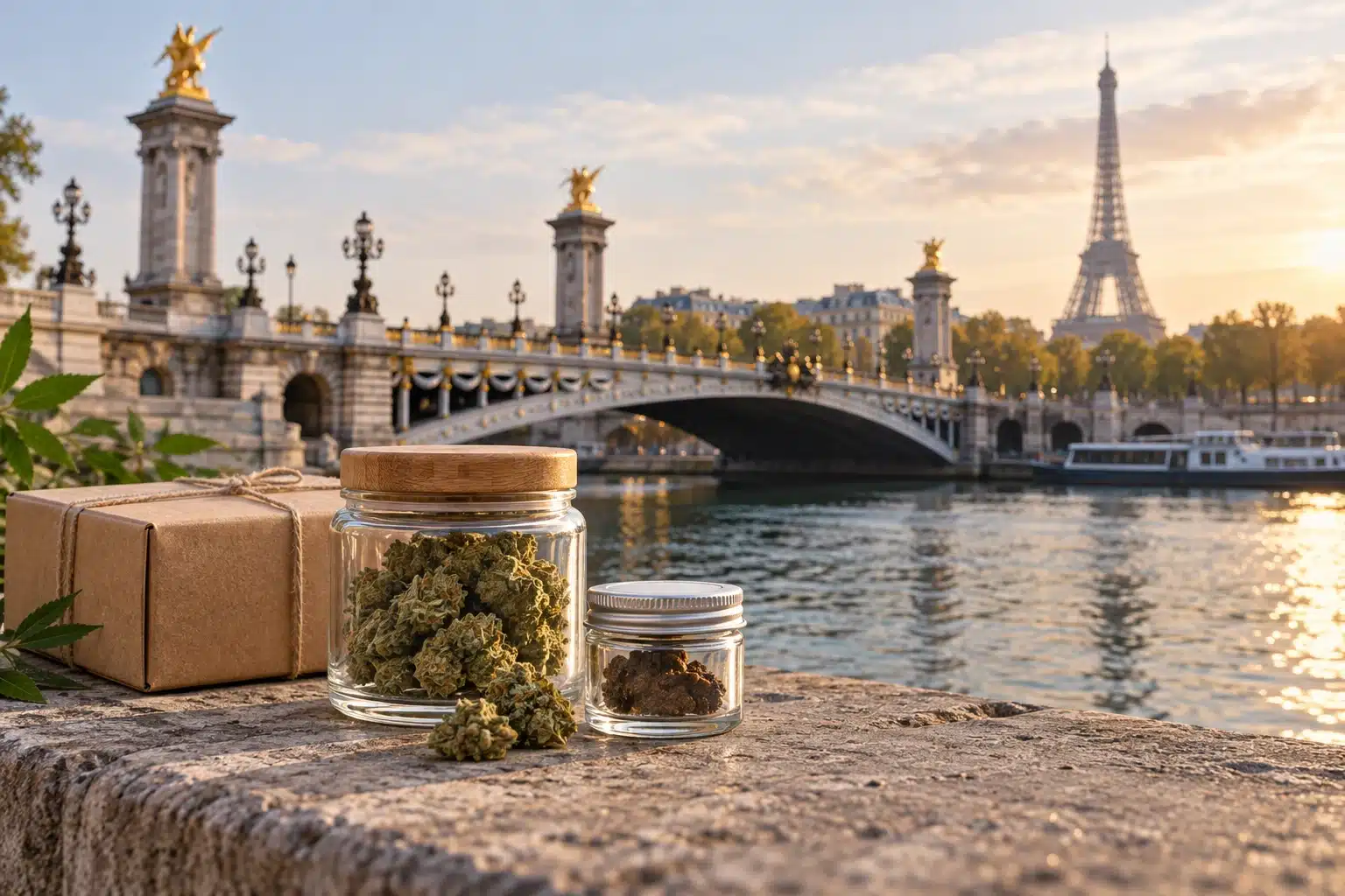 CBD Paris : 5 conseils essentiels pour fleurs et résines 1 CBD Paris : fleurs et résine de chanvre devant le pont Alexandre-III et la tour Eiffel.