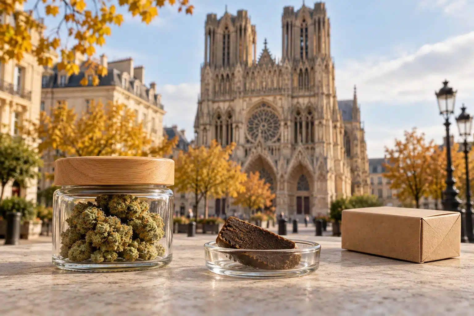 CBD Reims : fleurs de chanvre, résine CBD et colis devant la cathédrale