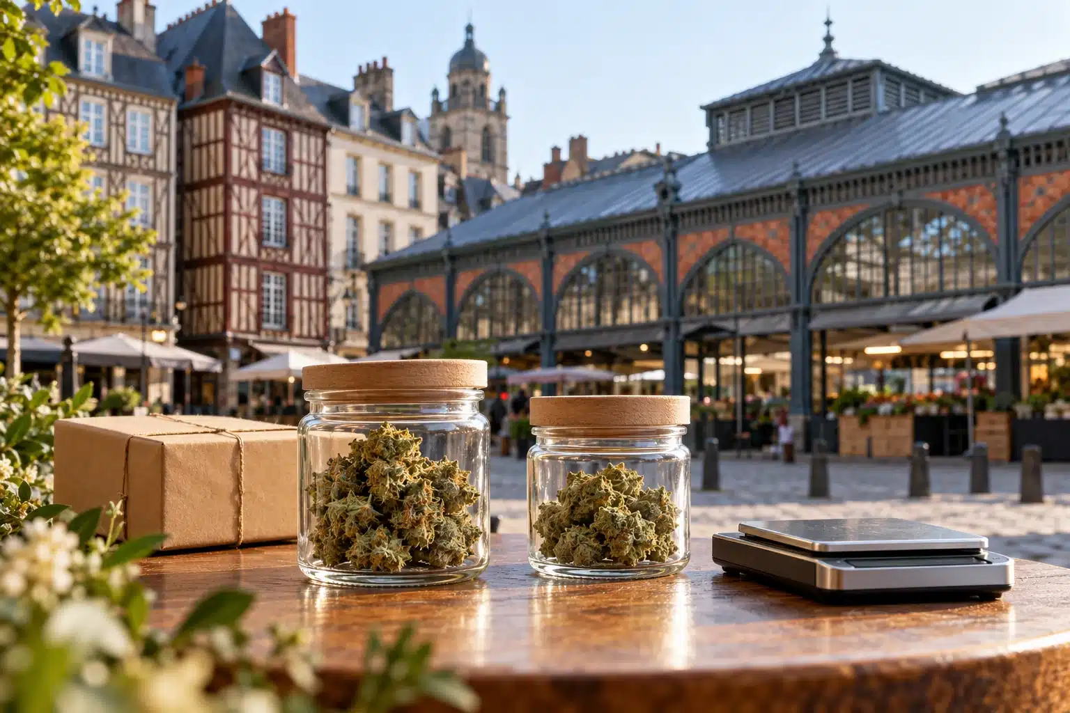 CBD Rennes : 5 conseils essentiels pour vos Small Buds 1 CBD Rennes : deux bocaux de Small Buds et un colis devant les Halles Martenot