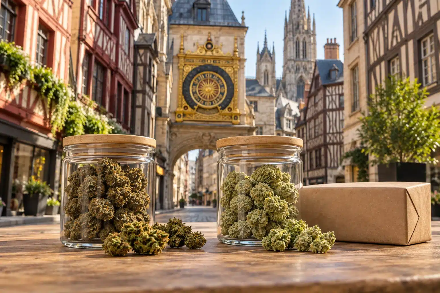 CBD Rouen : guide essentiel des fleurs boisées et gourmandes 1 CBD Rouen : deux bocaux de fleurs CBD devant le Gros-Horloge