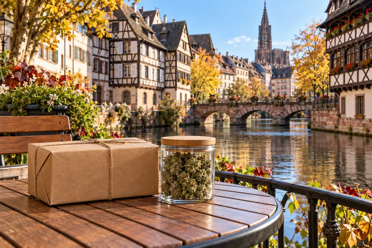 CBD Strasbourg : 5 conseils essentiels pour vos fleurs 1 CBD Strasbourg : fleurs de chanvre et colis devant les maisons de la Petite France.