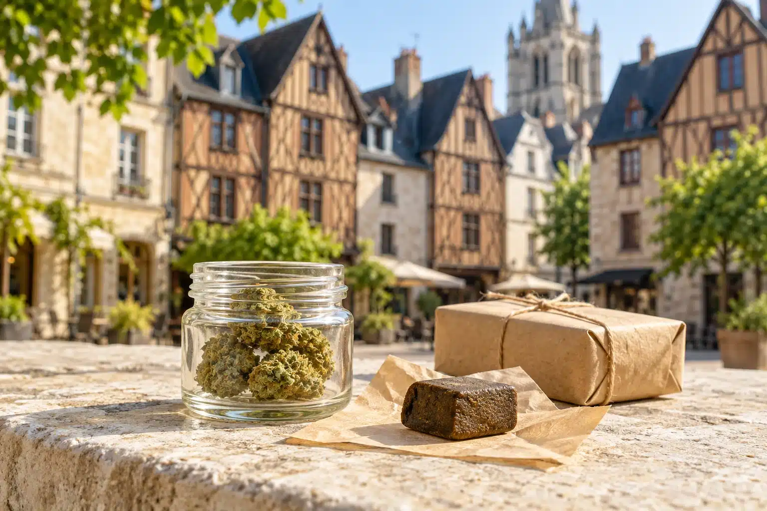 CBD Tours : guide essentiel des fleurs et résines 1 CBD Tours : illustration de fleurs de chanvre et de résine devant les maisons du Vieux Tours