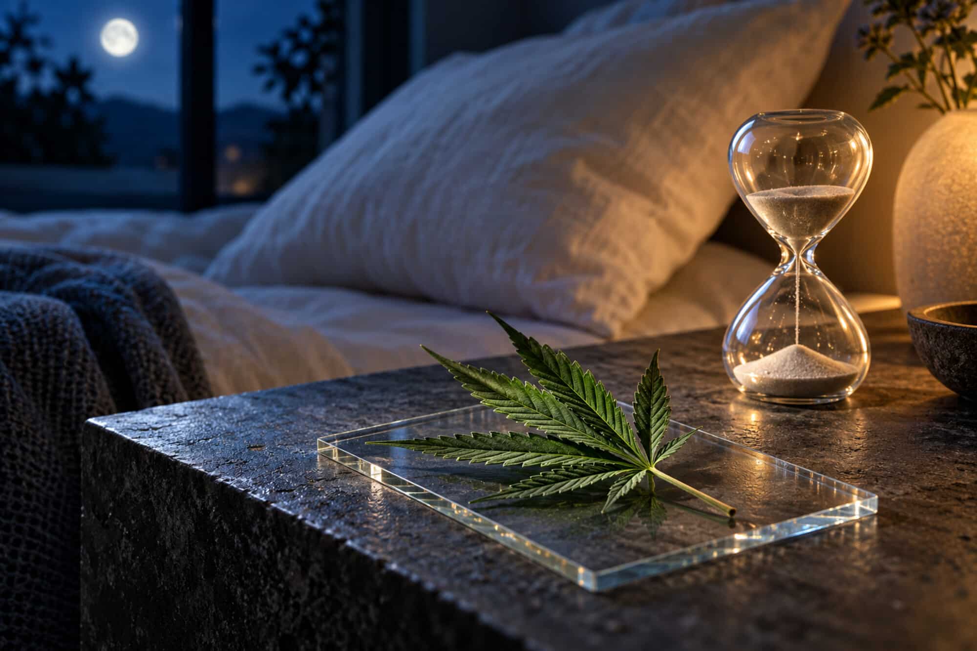 Feuille de chanvre sur une plaque de verre près d’un sablier, dans une chambre éclairée par la lune.