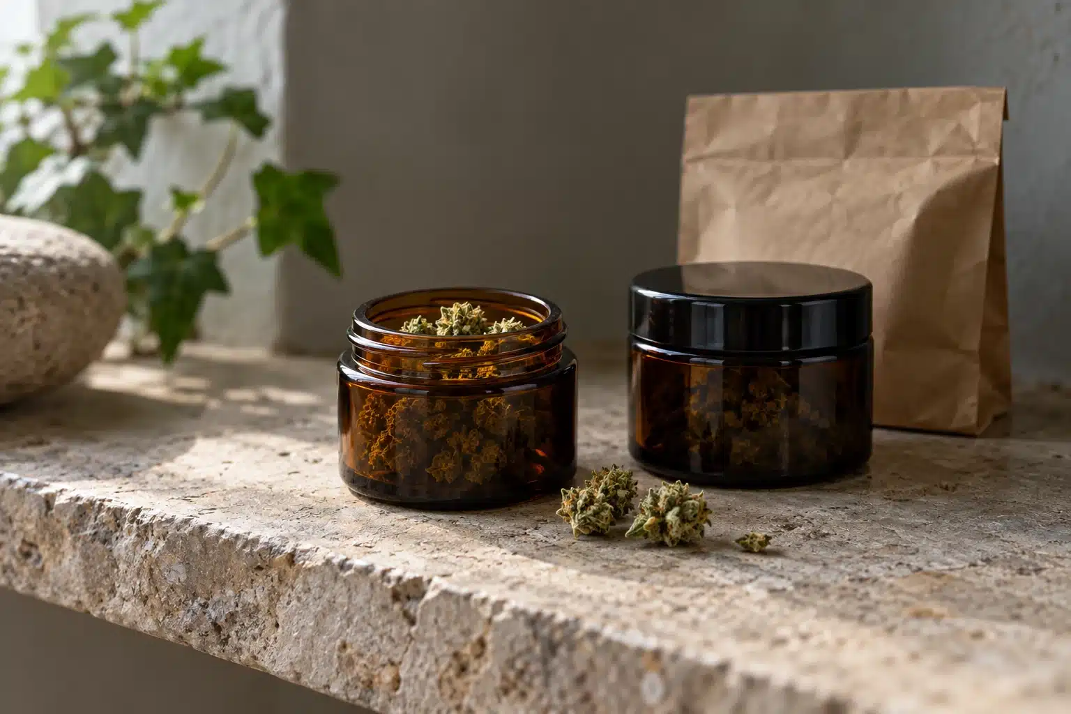 Deux bocaux en verre ambré contenant de petites fleurs de chanvre CBD, dont un ouvert, posés sur une étagère en pierre à l’abri du soleil direct.
