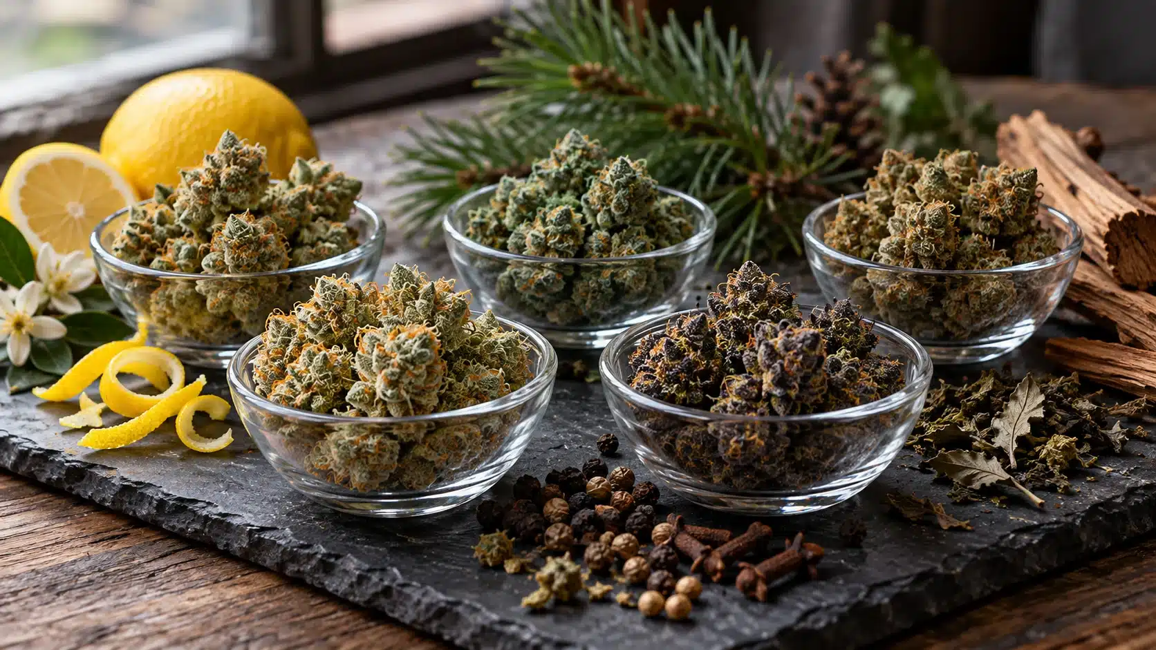 Cinq coupelles de fleurs de chanvre THV-N10 entourées de citron, branche de pin, bois et épices pour illustrer leurs profils aromatiques.