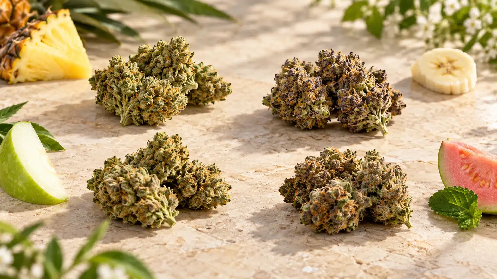 Fleurs THV-N10 fruitées : laquelle choisir ? 1 Quatre groupes de fleurs de chanvre illustrés par des notes d’ananas, de banane, de pomme et de goyave avec menthe.