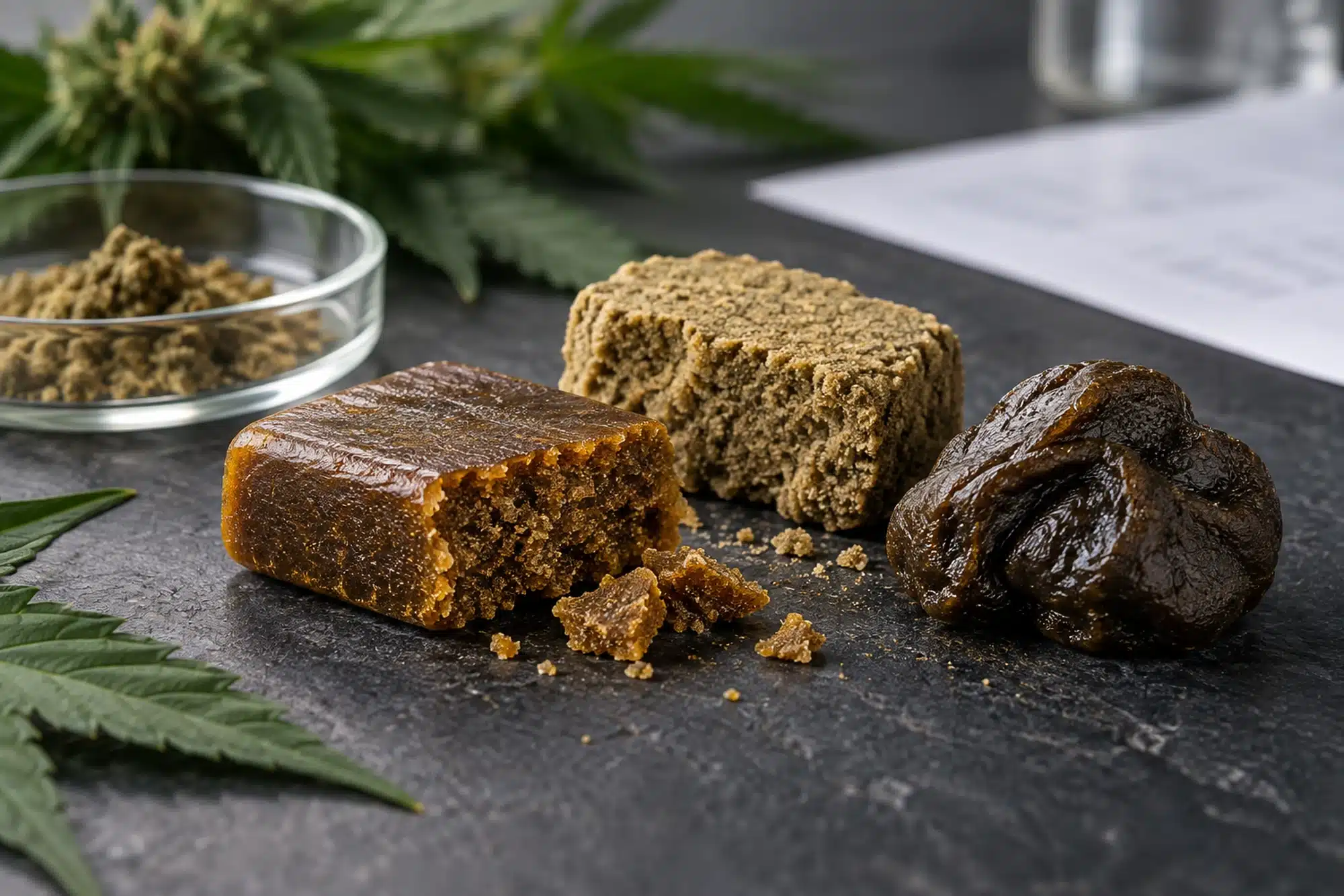 Résine CBD 50 % : comprendre le taux et les analyses 1 Trois textures de résine de chanvre CBD sur une surface sombre